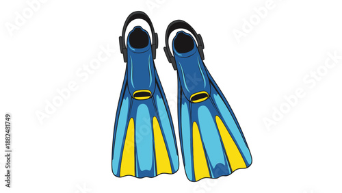 A pair of blue and yellow scuba diving flippers with black straps on a white background