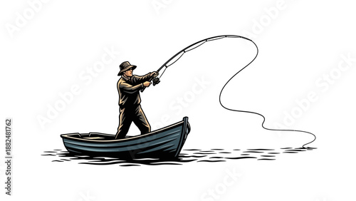 Man fishing in small boat on water with rod and line casting