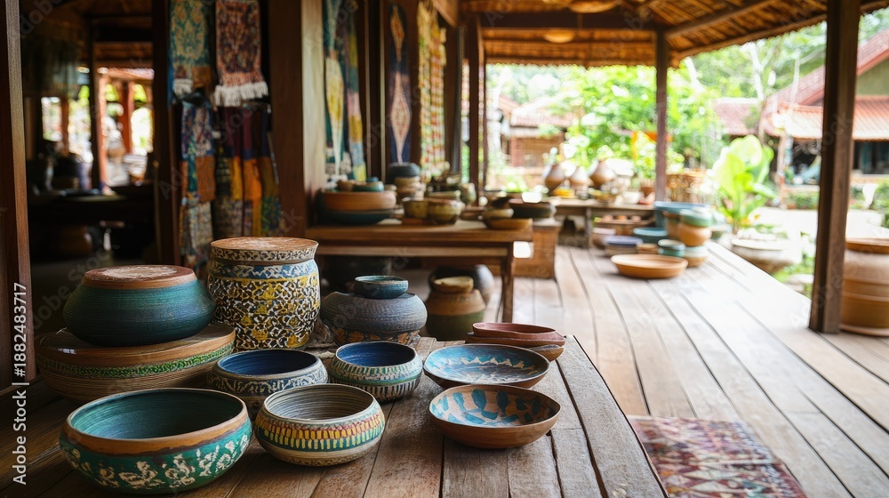 Fototapeta premium Handcrafted Pottery Bowls and Vases on Display in a Traditional Southeast Asian Setting