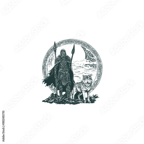 Viking warrior holding spear with companion wolf engraving style illustration.