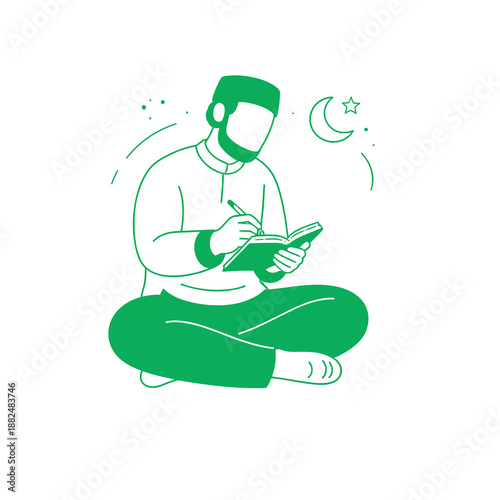 A man meditating with a tablet under the night sky with stars and a crescent moon