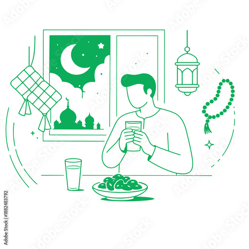 A man sitting at a table enjoying a meal during Ramadan, surrounded by cultural decorations and a crescent moon visible through the window