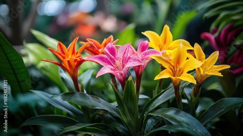 Vibrant tropical flowers in a lush greenhouse setting with orange, pink, and yellow blooms