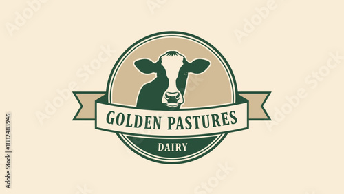 Vintage Golden Pastures Dairy Farm Logo with Cow Head Illustration.