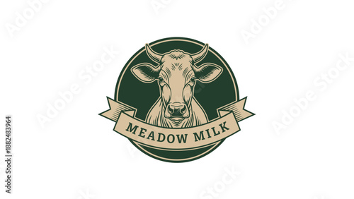 Vintage Meadow Milk Cow Emblem Logo Design.