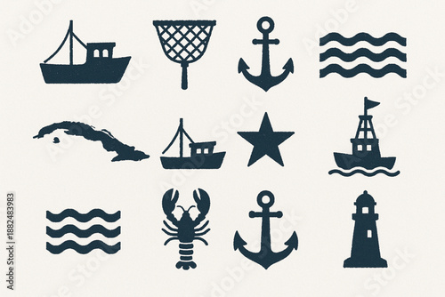 Cuban Fishing and Maritime Icon Set Flat Vector Illustration