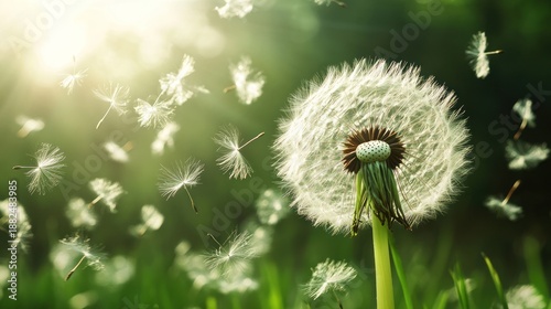 Dandelion seeds dispersing in a lush green field