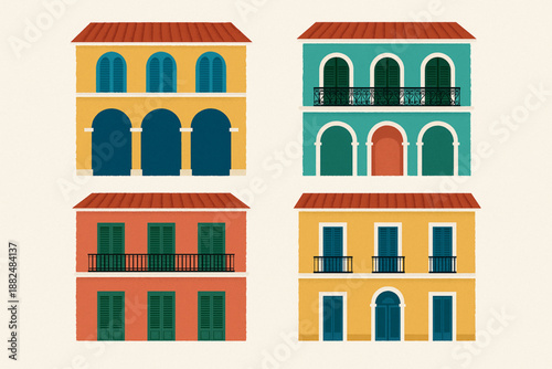 Cuban Colonial Architecture Icon Set Flat Vector Illustration
