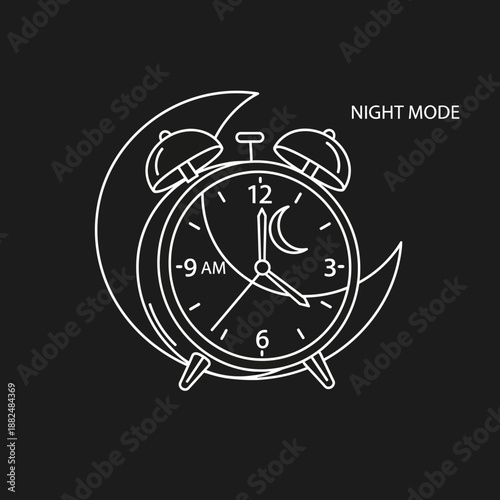 Night Mode Alarm Clock Line Icon. Time Management, Sleep Schedule, and Dark Theme UI Vector Symbol.