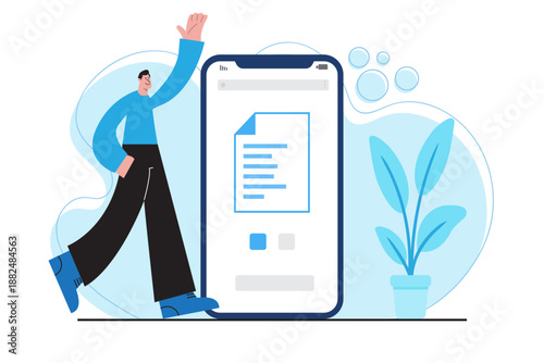 Flat villustration of mobile document management on smartphone screen. Concept of digital files, online paperwork, mobile office, document sharing, paperless workflow, and modern business technology