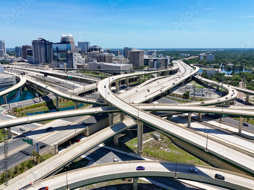 Major freeway interchange of I-4 and state road 408 in downtown Orlando in Orange County, Florida.