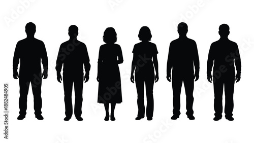 Silhouettes of six individuals isolated on white background, Vector