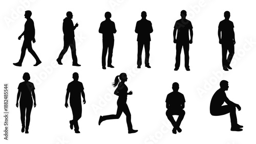 Various silhouettes of people in different poses isolated on white background, Vector