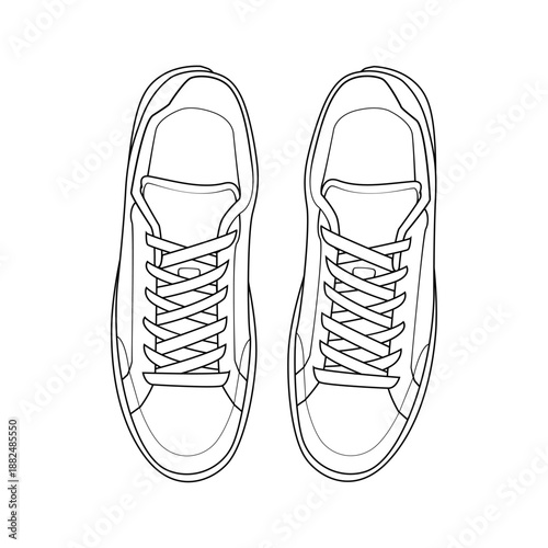 Top view outline of a pair of casual sneakers. Vector line art of sport footwear with laces isolated on white background. Standing or walking perspective.