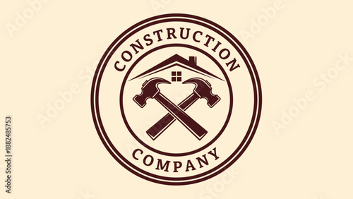 Construction Company Logo with Crossed Hammers and House Icon.