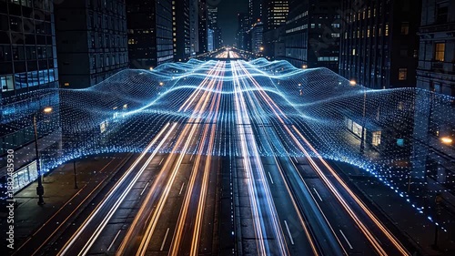 City street at night with car light trails and digital wave grid