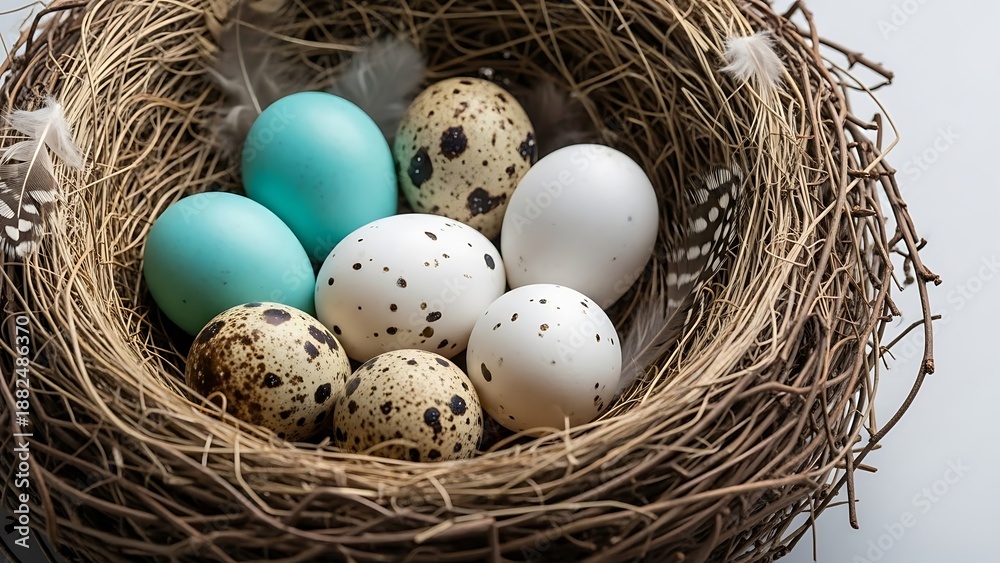 Obraz premium bird nest with eggs and feathers inside natural scene