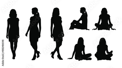 Silhouettes of women in various poses isolated on white background, Vector