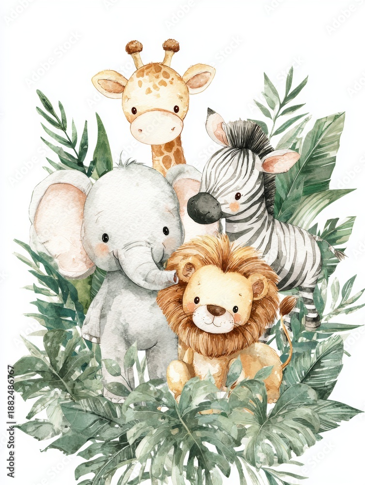 Fototapeta premium Cute jungle baby animals watercolor illustration with lion zebra giraffe and elephant, nursery wall art for kids decor and gift design 