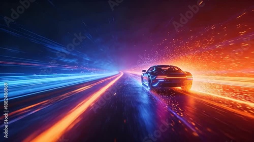 Modern sports car on road with colorful light trails