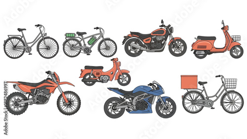 Vector set of various two-wheeled vehicles including a bicycle, electric bike, classic motorcycle, vintage scooter, dirt bike, moped, sportbike, and delivery.