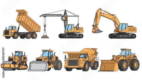 Comprehensive set of yellow construction vehicle illustrations featuring a dump truck, crane, excavator, road roller, bulldozer, cement mixer, and front loader.
