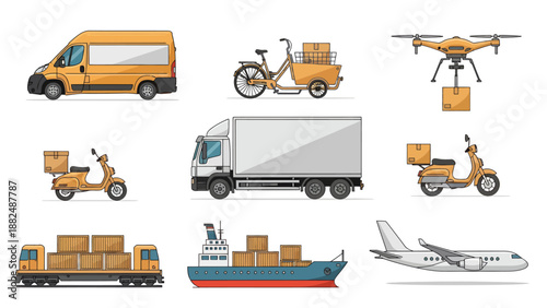 Comprehensive Logistics and Global Delivery Transportation Icon Set Featuring Van, Cargo Bike, Drone, Truck, Scooter, Train, Ship, and Airplane on White Background.