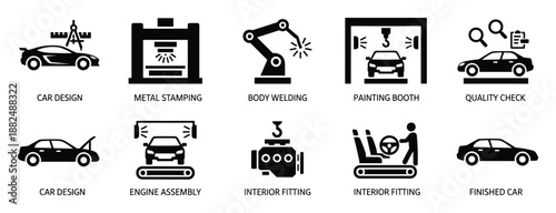 Automotive assembly line infographic icons featuring car design metal stamping and body welding set
