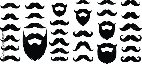 Large assortment of black silhouette mustache and beard styles for male grooming or character creation projects