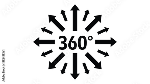 a black 360 degree directional arrow symbol with multiple arrows pointing outwards