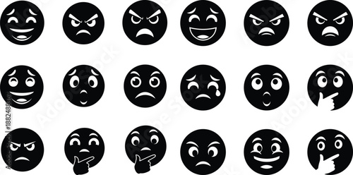Large collection of diverse expressive emoji faces in a simple graphic black and white vector style