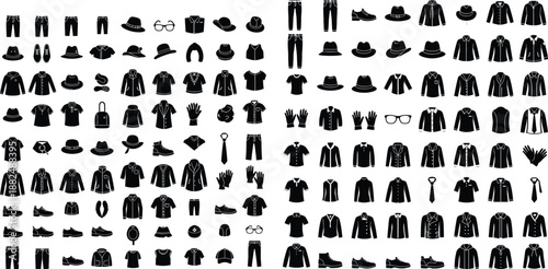 Large set of stylized fashion garment and accessory graphic elements for retail display or clothing catalogs