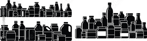 Large collection of various bottle and jar silhouettes representing common packaging for food and liquids