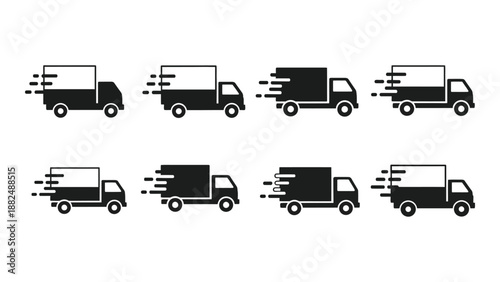 a set of delivery truck icons in a row showing movement and logistics