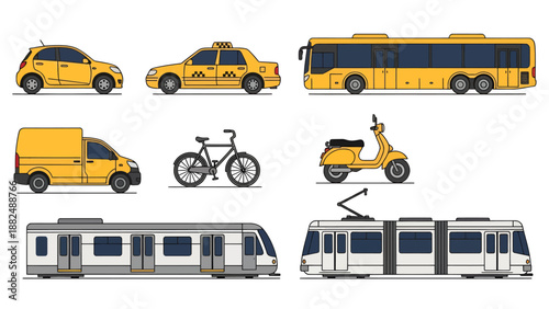 Set of urban public transportation vehicles and personal mobility icons featuring a yellow car, taxi, bus, van, bike, scooter, train, and tram on white background.