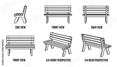 Different wooden park bench view line art for design element with furniture or interior design