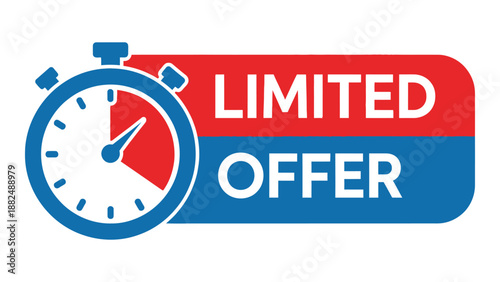 a red and blue limited offer sign with a clock icon