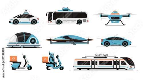 Futuristic Smart City Transport Collection featuring Autonomous Electric Vehicles, Flying Drones, Delivery Robots, High-Speed Trains and Eco-Friendly Bus Icons.
