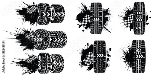 Set of motorsport racing car tires with checkered flag symbols and grunge ink splatter effects