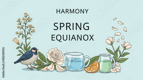 Spring Equinox harmony with blooming flowers a bird and refreshing drinks symbolizing renewal and balance perfect for seasonal greetings and nature concepts