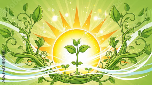 Vibrant green plant growth illustration with sun and water elements symbolizing nature ecology and new beginnings for environmental concepts
