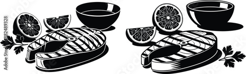 Silhouette illustration of grilled salmon steaks with lemon slices and parsley garnish, ready for cooking