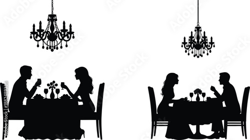 Silhouettes of couples enjoying an elegant romantic dinner under chandeliers, perfect for luxury event designs