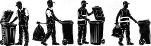 Silhouettes of sanitation workers performing waste collection tasks with bins and trash bags