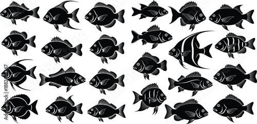 Silhouettes of various fish species showcasing marine life, perfect for aquatic themes and ocean conservation projects