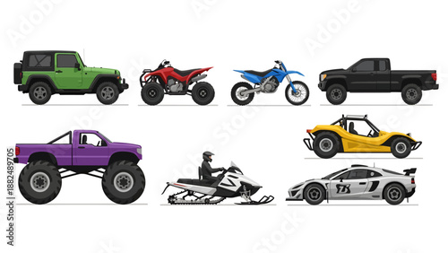 Collection of off-road and sports vehicles including a Jeep, ATV, dirt bike, pickup truck, monster truck, snowmobile, dune buggy, and a sleek sports car icons.