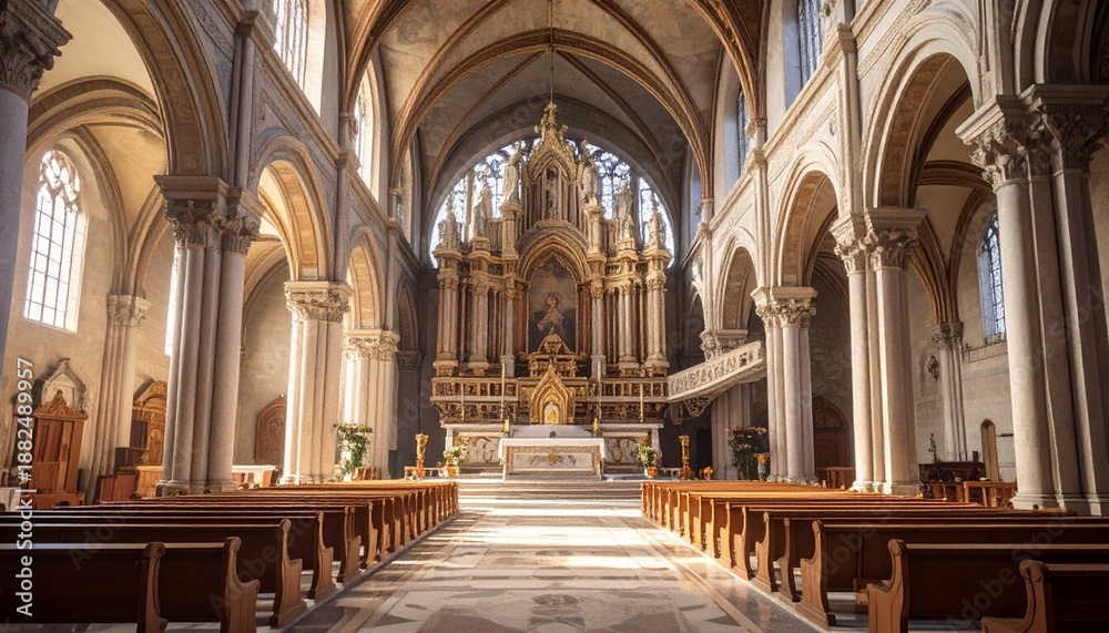 Fototapeta premium Stunning Interior View of a Grand Cathedral with Arched Ceilings and Detailed Architecture.
