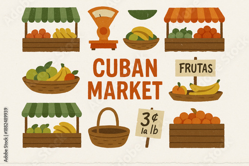 Cuban Street Market Icon Set Flat Vector Illustration