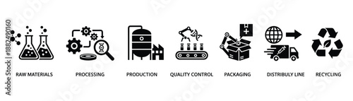 Production and manufacturing process vector concept raw materials processing control assembly line distribution