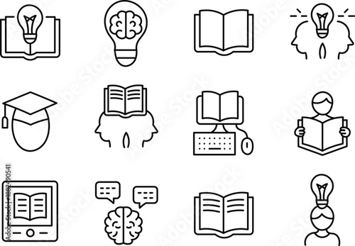 Hand drawn education and learning icon set with books, ideas, brain, study symbols